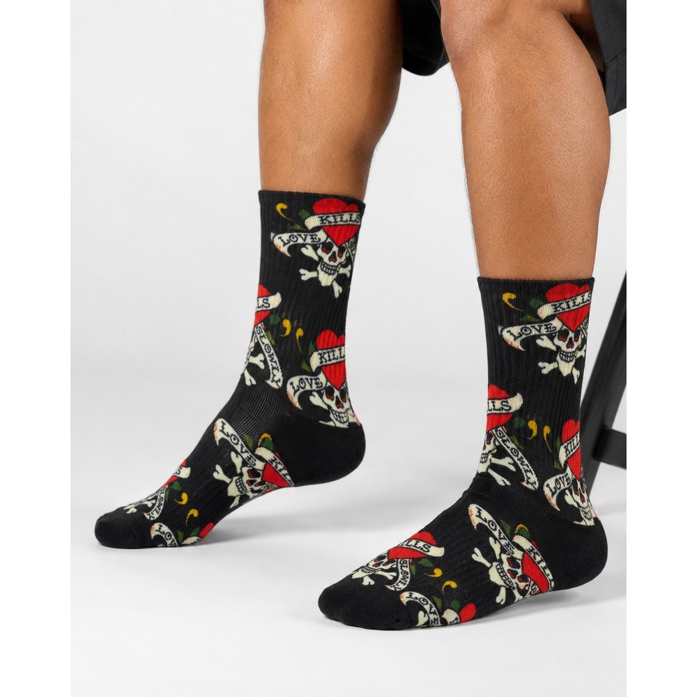 Ed Hardy 2Pk Cushioned Crew Socks Love Kills Slowly Skulls Blue Black NEW 111-10